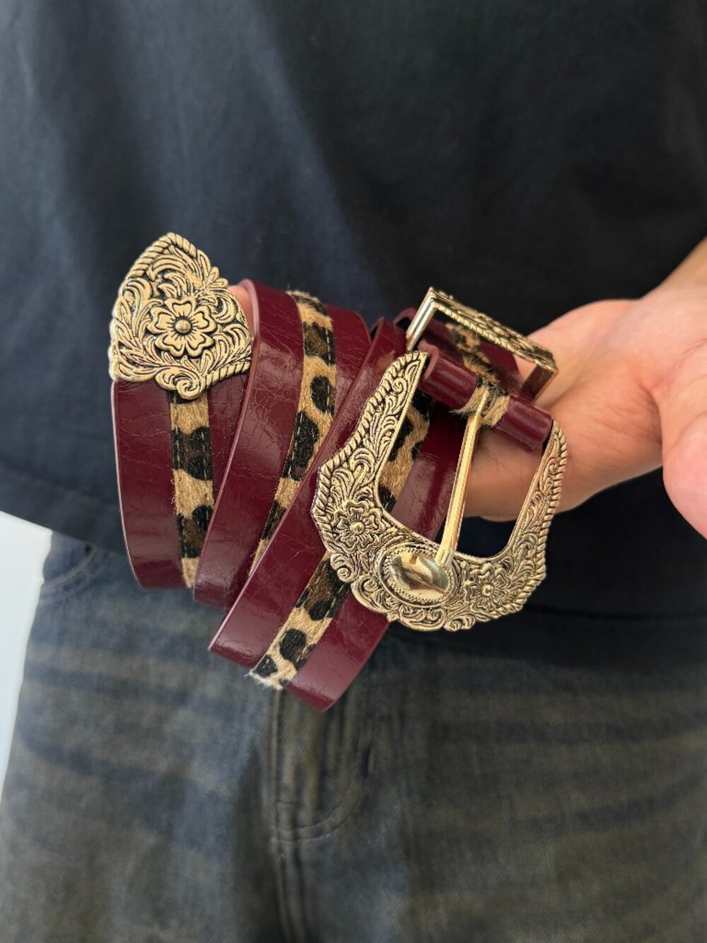 Burgundy Patent Leopard Inlay Western Belt